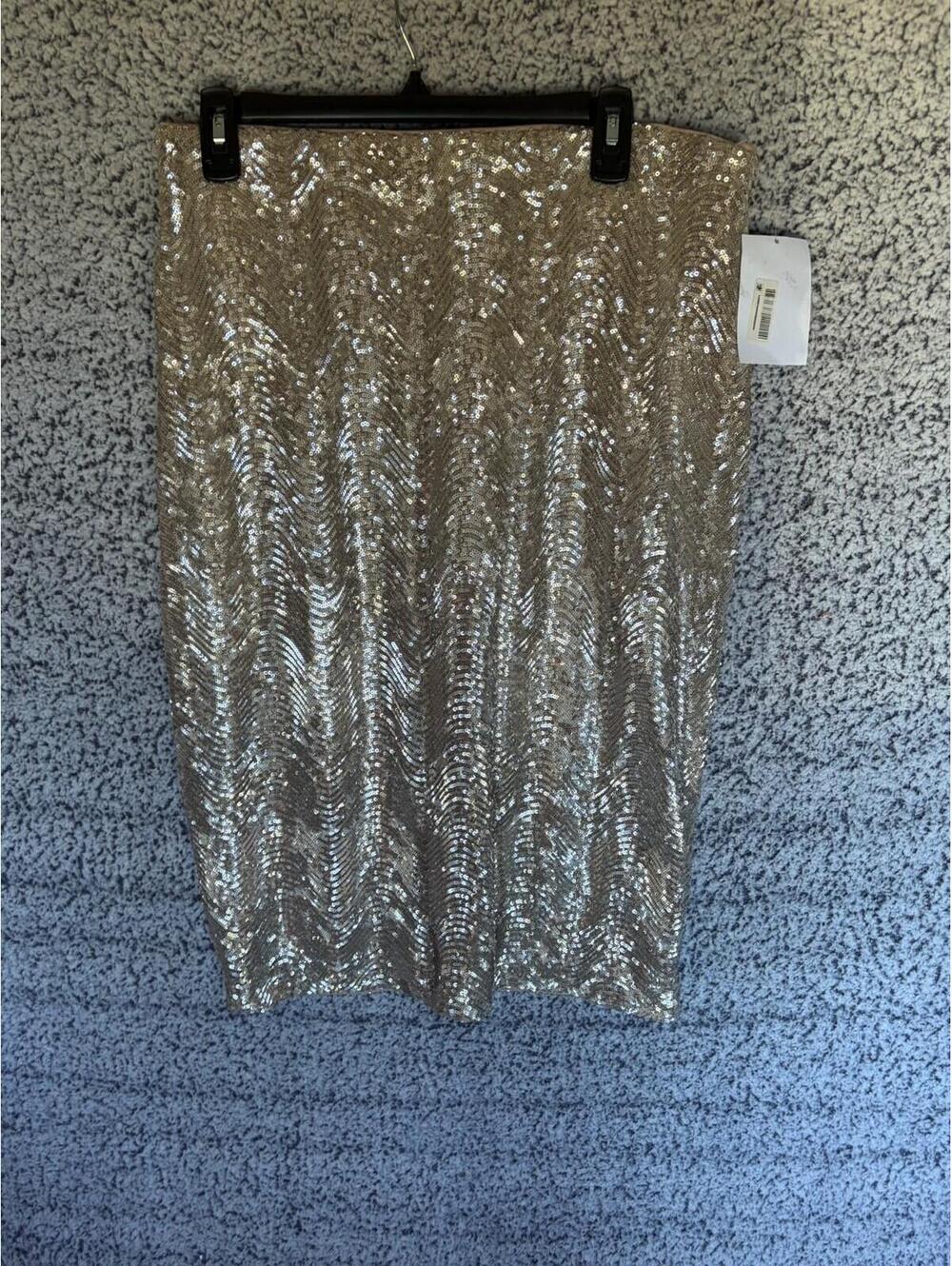 Muse Womens Sequin Pencil Skirt Champagne Gold Zig Zag Party Size 14 NWT